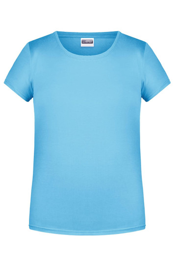 A light blue t-shirt with a round neckline and short sleeves. It features a logo on the label.