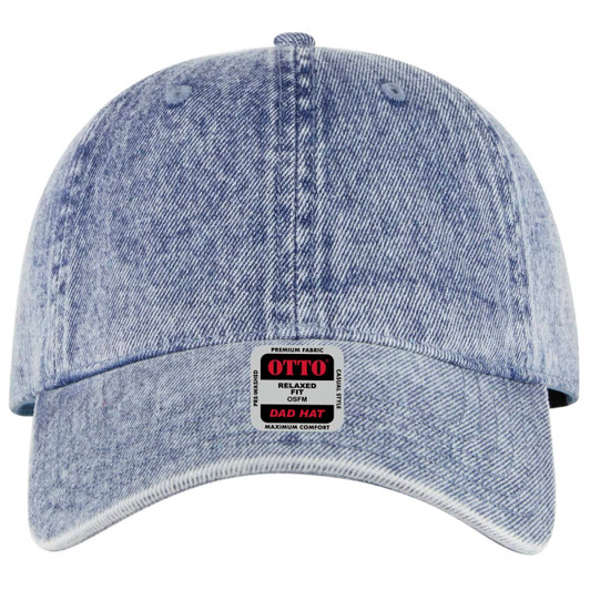 A light denim blue six-panel low profile dad cap with an adjustable strap and a logo label on the front.