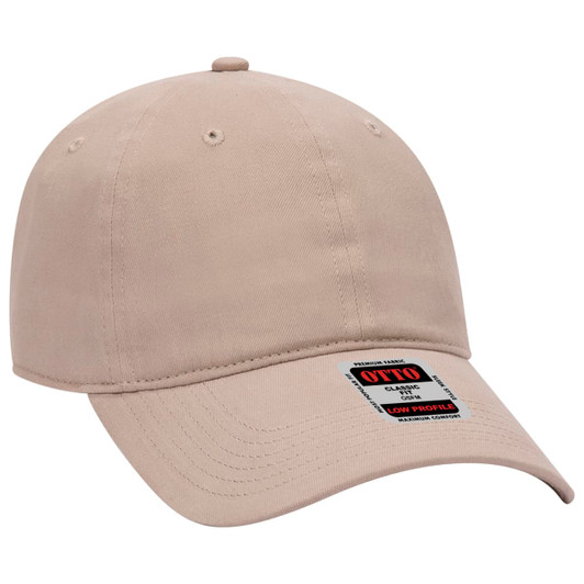 A beige 6-panel baseball cap with a curved brim and a logo on the side.