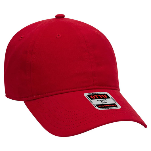 A red 6-panel baseball cap with a curved brim and a logo label on the side.
