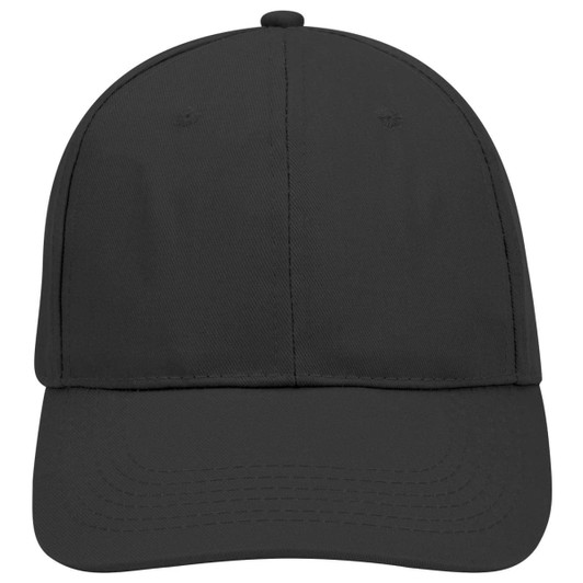 A black 6 panel low profile baseball cap featuring a curved brim and a logo on the front.
