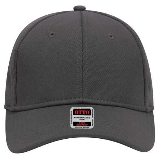 A grey 6 panel low profile baseball cap featuring a logo on the front. Made from performance materials.