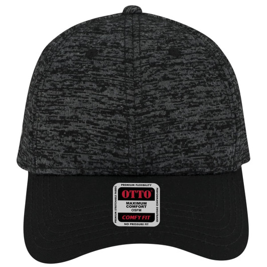 A dark grey and black 6-panel low profile baseball cap with a logo on the front.