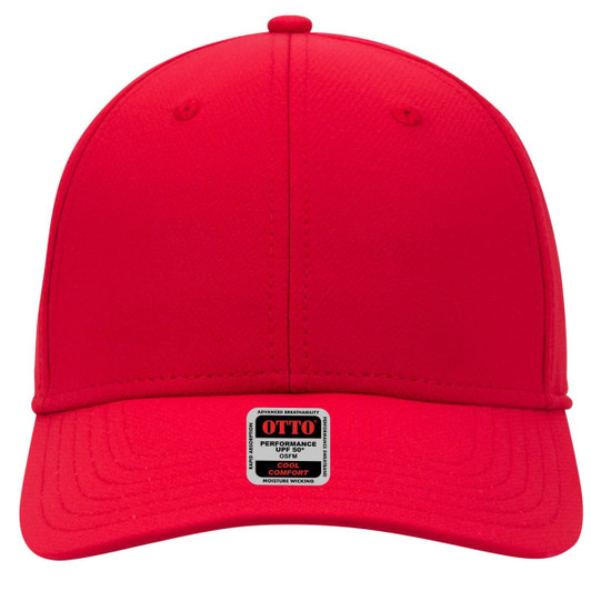 A red UPF 50+ 6 panel low profile baseball cap with a logo on the front.