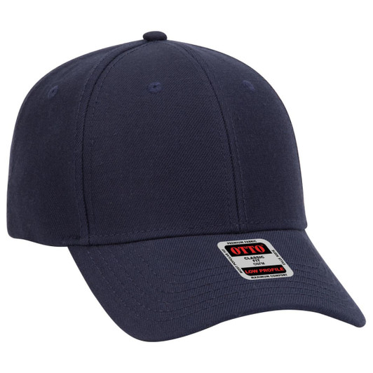 A navy blue 6 panel low profile baseball cap featuring a logo on the front.