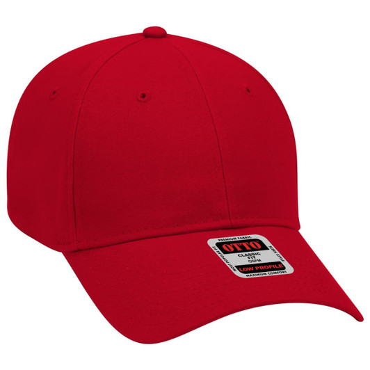 A red six-panel low profile baseball cap with a curved brim and a visible logo.