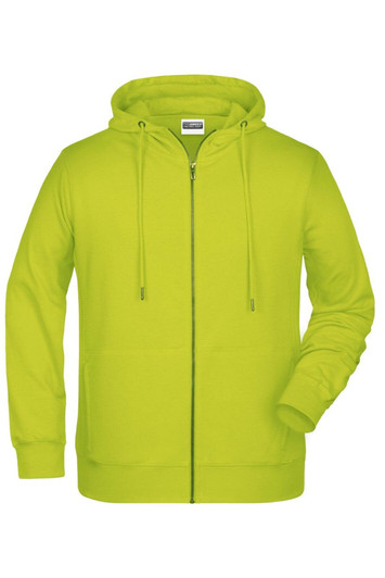 A bright green men's zip hoodie with a hood and front zipper, featuring a logo on the chest.