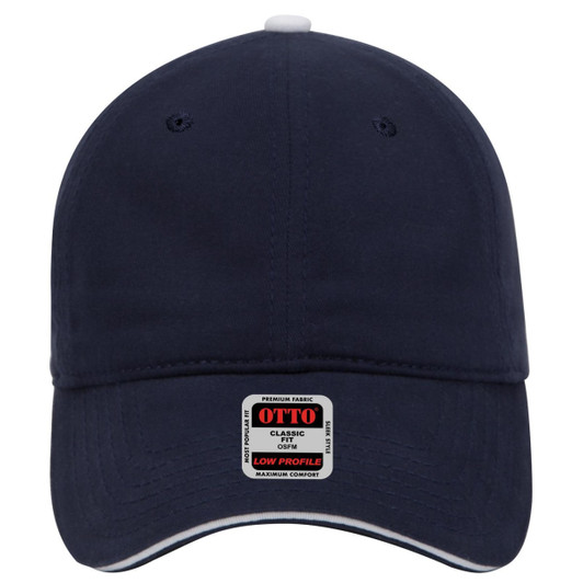A navy blue 6 Panel Low Profile Dad Cap featuring a logo and white detailing around the brim.
