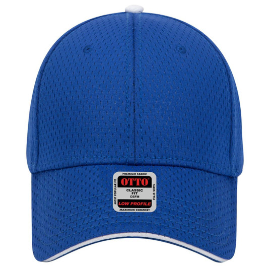 A blue 6 panel low profile baseball cap with a logo at the front, featuring breathable fabric for comfort.