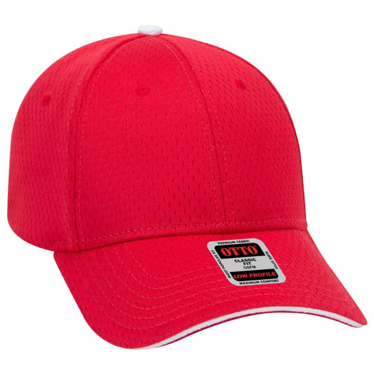 A red 6 panel low profile baseball cap with a logo, featuring a textured design and a contrasting brim.
