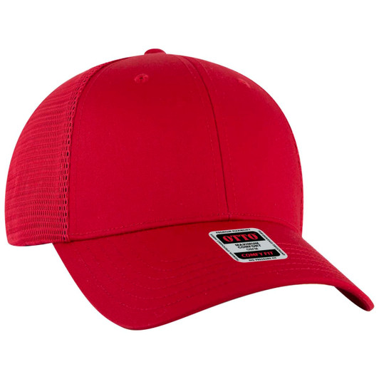 A red six-panel low profile trucker cap with a mesh back and a logo on the front.