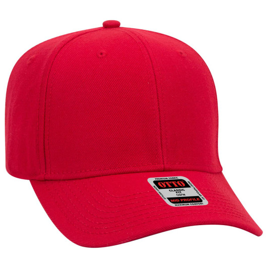 A red 6 panel baseball cap with a mid-profile design and a logo on the front.