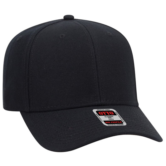 A black 6-panel baseball cap with a rounded crown and a curved brim, featuring a logo on the front.
