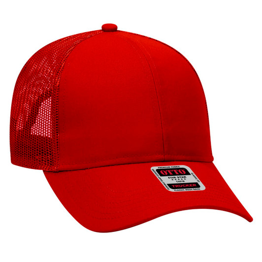 A red 6-panel trucker hat featuring mesh panels at the back and a logo on the front.