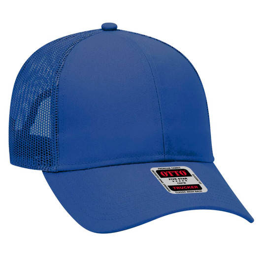A blue 6 panel trucker hat with a mesh back and a branded tag at the front.