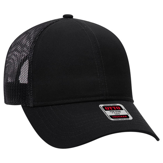 A black 6 panel trucker hat featuring a mesh back and a logo badge on the front.