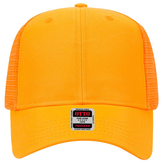 An orange 6 Panel Mid Profile Trucker Cap with a mesh back and stitched details. It features a logo on the front.