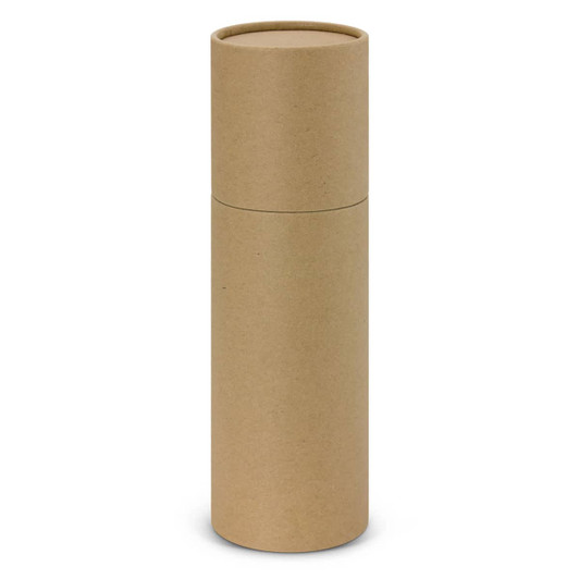 A drink bottle with a bamboo lid in a cylindrical kraft cardboard packaging. The bottle features a logo.