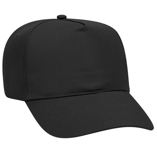 A black 5 panel mid profile baseball cap with a rounded crown and a flat peak. It features a logo.