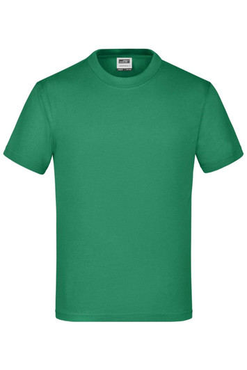 A green T-shirt in a classic short-sleeve style, featuring a logo on the label.