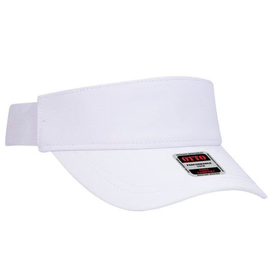 A white UPF 50+ sun visor with a wide brim and an adjustable strap, featuring a logo on the side.