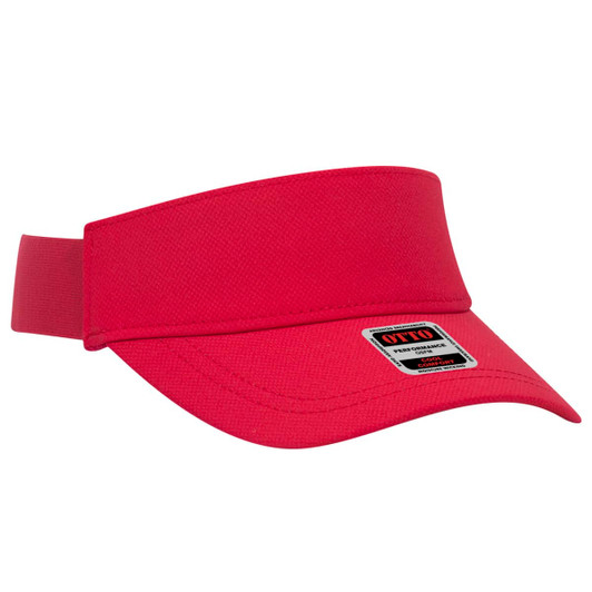 A red UPF 50+ sun visor with a wide brim and an adjustable strap, featuring a logo.