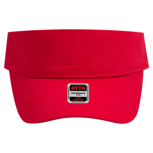 A red sun visor with a wide brim and a logo label on the front.
