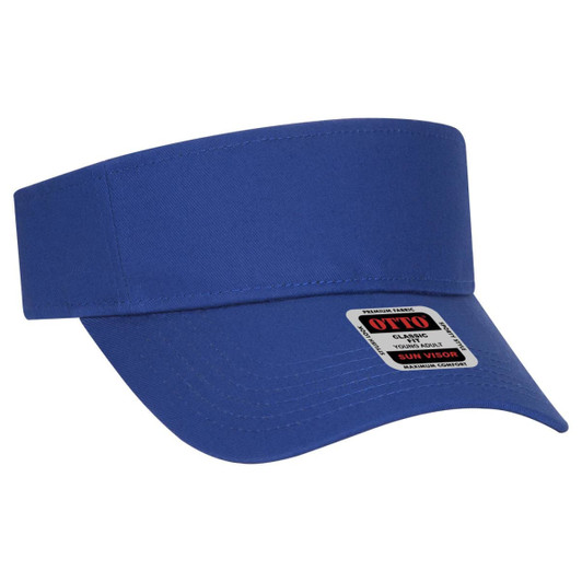 A blue youth sun visor with a wide brim and an attached logo label.