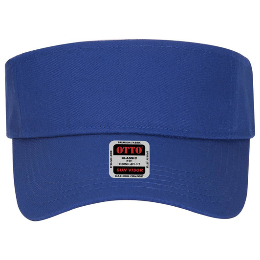 A blue sun visor with a wide brim and a brand label on the front.