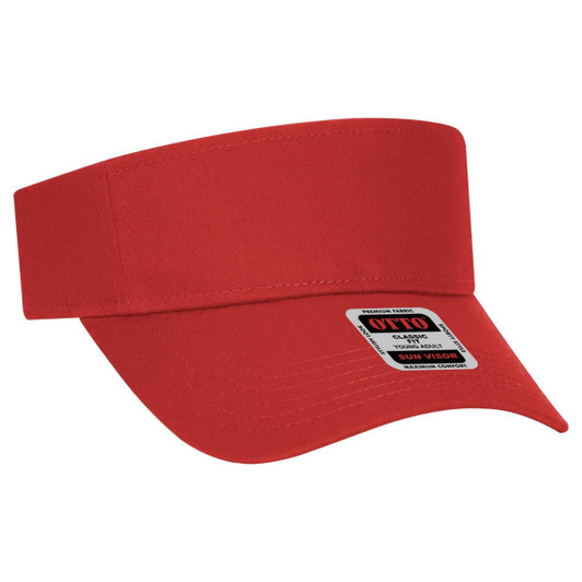 A red youth sun visor with a wide brim and a brand label on the front.
