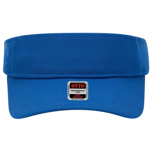 A blue sun visor featuring a wide brim and a branded patch on the front.