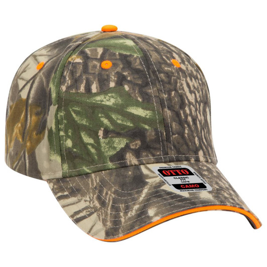 A camouflaged baseball cap with a low profile and orange accents, featuring a logo on the front.