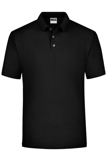A black polo shirt with a three-button placket and short sleeves, featuring a logo on the chest.