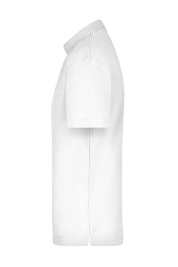 A white polo shirt in a side view, featuring short sleeves and a collar, with a logo on the chest.