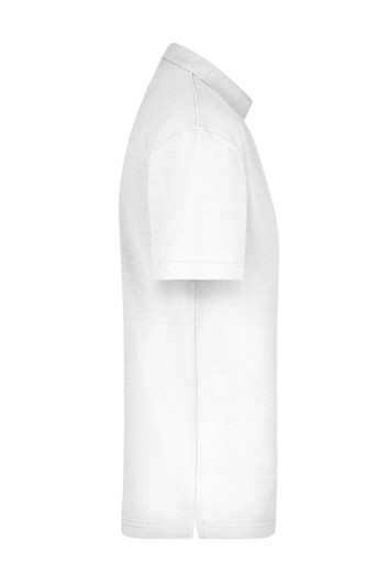 A white polo shirt displayed from the side, featuring a collar and short sleeves. It has a branding logo.