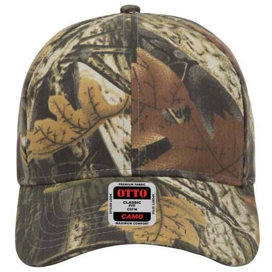 A camouflage baseball cap with a low profile design, featuring earthy tones and a branded label.