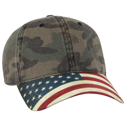 A camouflage baseball cap featuring an American flag design on the visor. It has an adjustable strap and a logo.