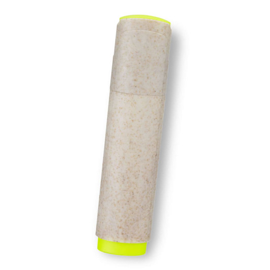 A highlighter with a beige and bright yellow design, featuring a cylindrical body and a visible branding logo.
