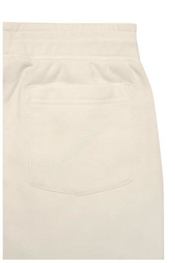 A pair of light-coloured jogger pants with an elastic waistband and a back pocket.