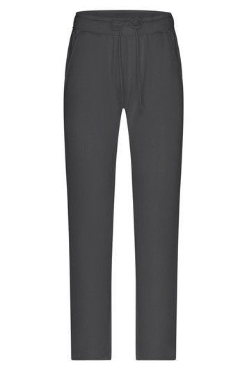 A pair of grey lounge pants with a drawstring waist and a slim fit design. Features a logo on the waistband.