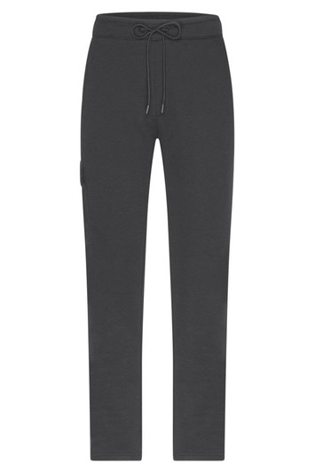 Men's lounge pants in dark grey with an adjustable drawstring waistband. Features a side pocket and branding.