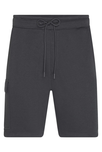 Men's lounge shorts in dark grey, featuring an adjustable drawstring and a side pocket. Includes a branding logo.