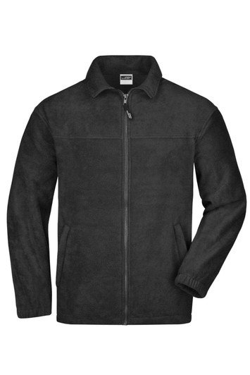 A black full-zip fleece jacket with long sleeves and a zippered front, featuring a subtle logo.