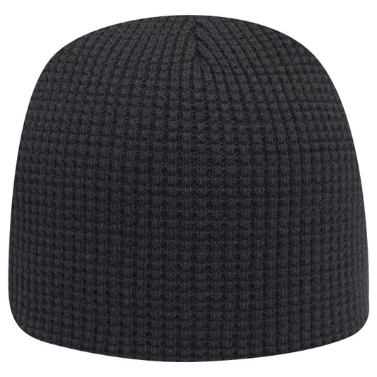 A black waffle rib knit beanie with a rounded top and a textured design. Features a logo on the side.