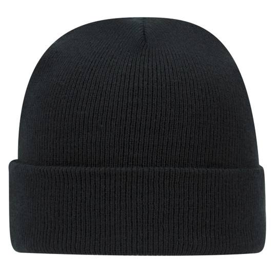 A black knit beanie with a ribbed texture and a folded cuff. It features a branding logo.