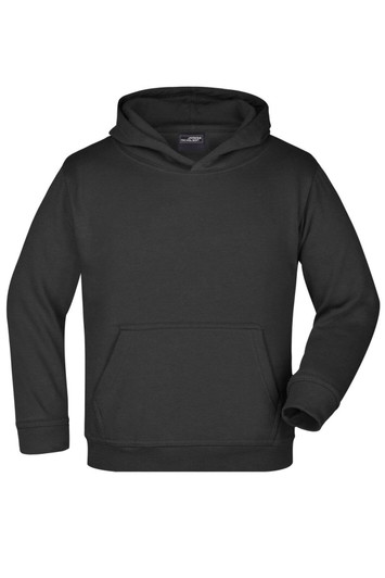 A black hooded sweatshirt with a front pocket and a logo, featuring long sleeves and a drawstring hood.