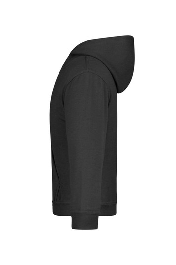 A black hooded sweatshirt for juniors, featuring a side view with a hood and long sleeves. It has a logo.