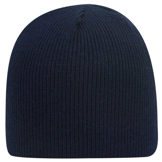 A navy blue classic knit beanie with a ribbed texture, featuring a logo on the side.