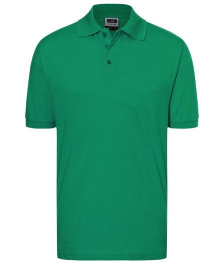 A green polo shirt with a collar, short sleeves, and a logo on the chest.