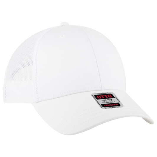 A white low profile trucker cap with a mesh back and a branded label on the front.
